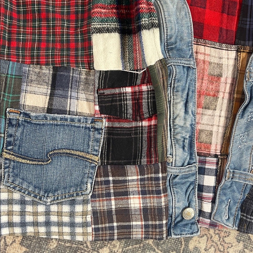 Cute patchwork top! Hand sewn from recycled denim & flannel - Picture 4 of 9
